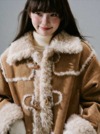 LOST FOREST - Cream Oak Vintage Collegiate Faux Fur-Lined Toggle Coat – Warm Orange Brown