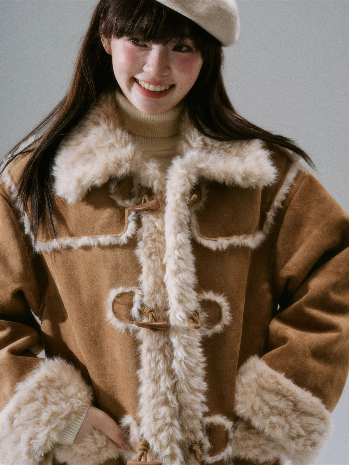 LOST FOREST - Cream Oak Vintage Collegiate Faux Fur-Lined Toggle Coat – Warm Orange Brown