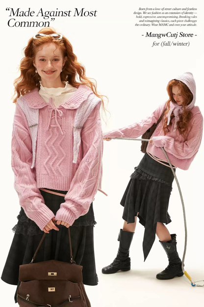 MAMC - Pink Cable Knit Sweater with Detachable Hooded Shoulder Cape
