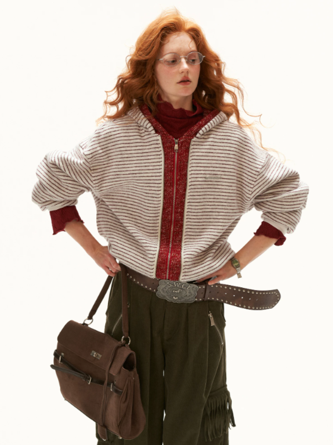 MAMC - Ivory Faux-Layered Striped Hooded Knit Sweatshirt