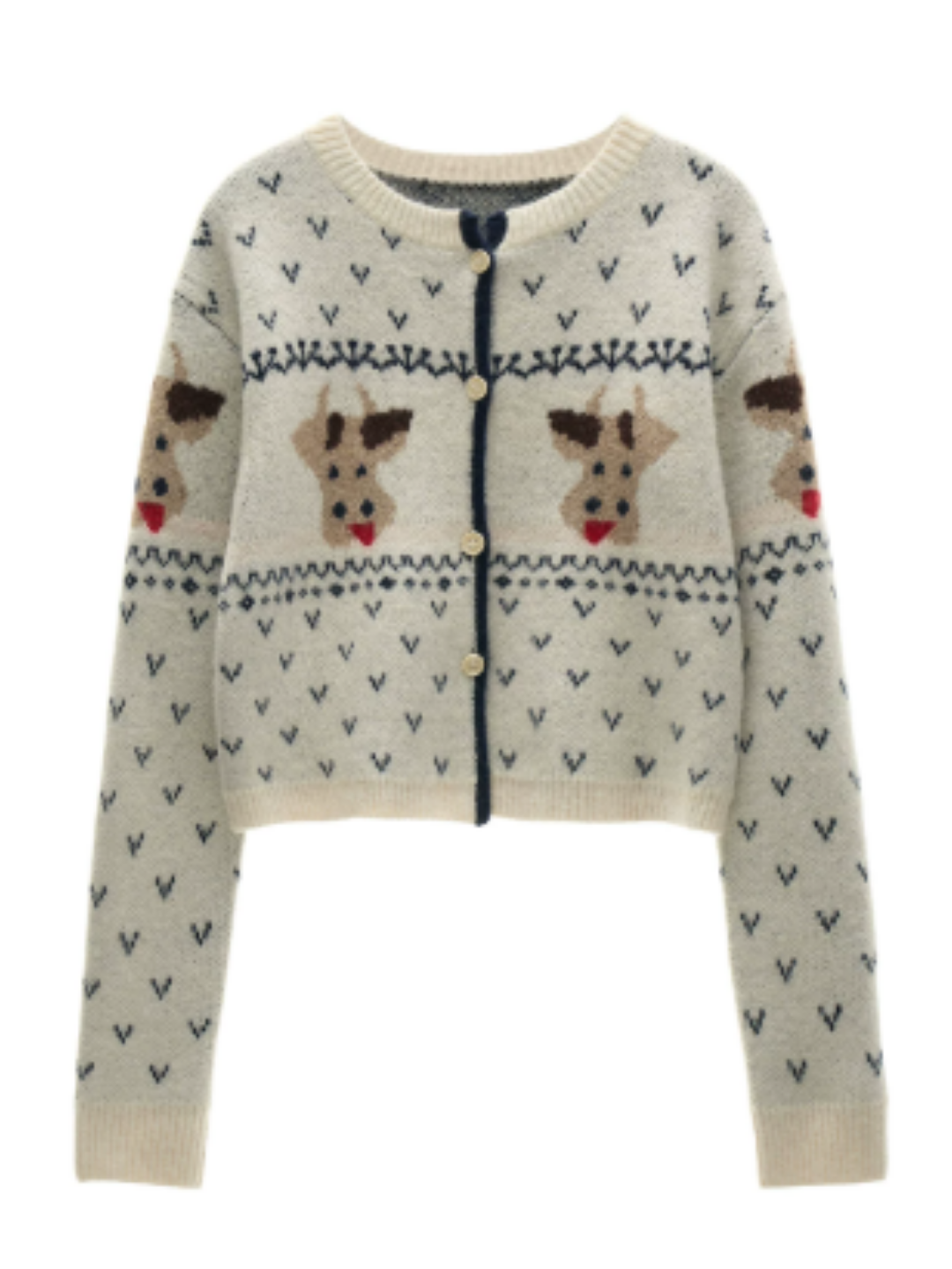 MAMC - White Fair Isle Cow Jacquard Cropped Knit Cardigan