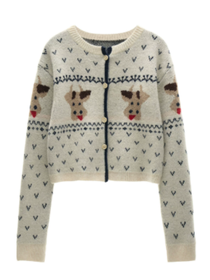 MAMC - White Fair Isle Cow Jacquard Cropped Knit Cardigan