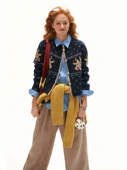 MAMC - Blue Fair Isle Cow Jacquard Cropped Knit Cardigan