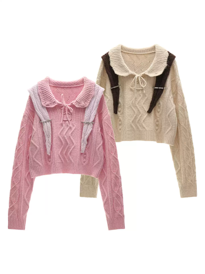 MAMC - Pink Cable Knit Sweater with Detachable Hooded Shoulder Cape