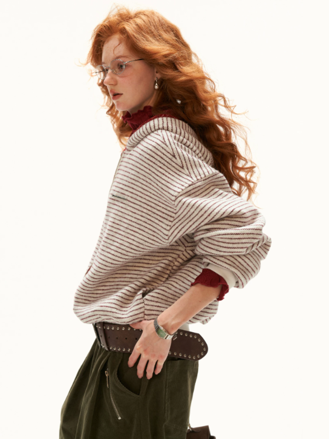 MAMC - Ivory Faux-Layered Striped Hooded Knit Sweatshirt