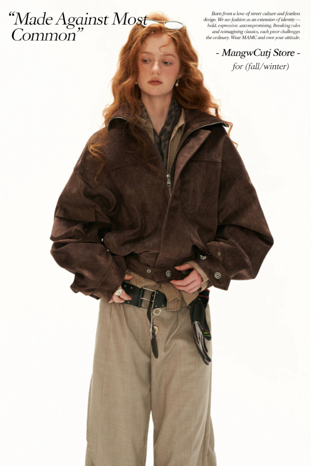 MAMC - Brown Faux-Horsehair Textured Cropped Jacket with Metal Snap Collar