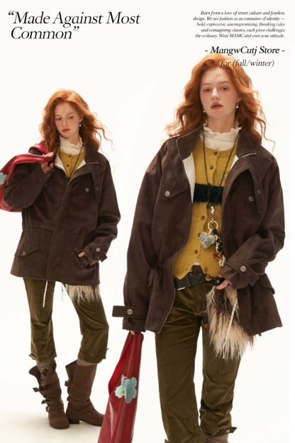 MAMC - Brown Faux Suede Utility Jacket with Adjustable Drawstring Waist