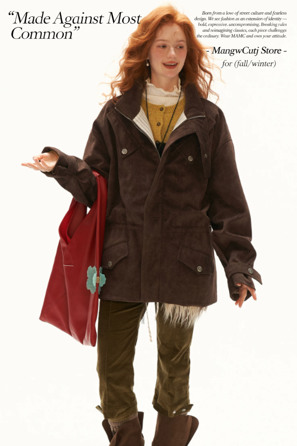 MAMC - Brown Faux Suede Utility Jacket with Adjustable Drawstring Waist