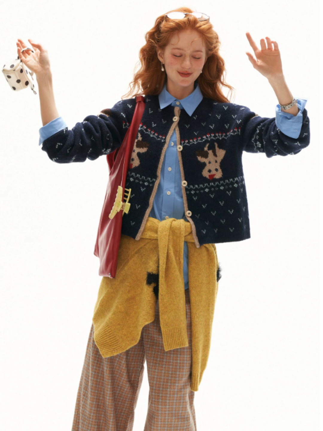 MAMC - Blue Fair Isle Cow Jacquard Cropped Knit Cardigan