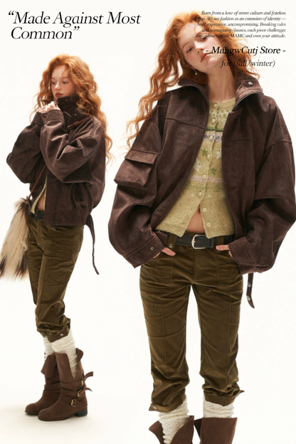 MAMC - Brown Faux-Horsehair Textured Cropped Jacket with Metal Snap Collar