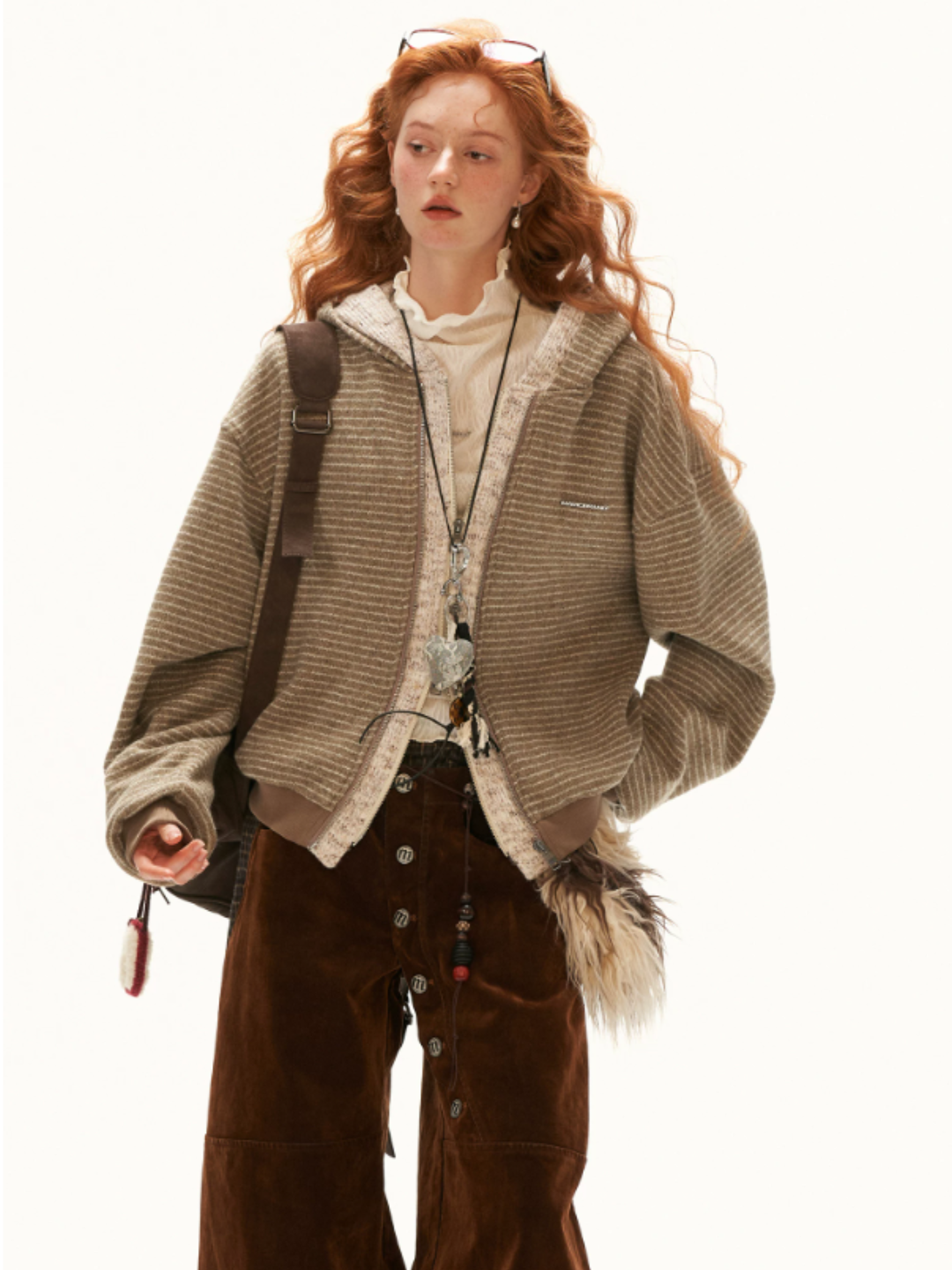 MAMC - Brown Faux-Layered Striped Hooded Knit Sweatshirt
