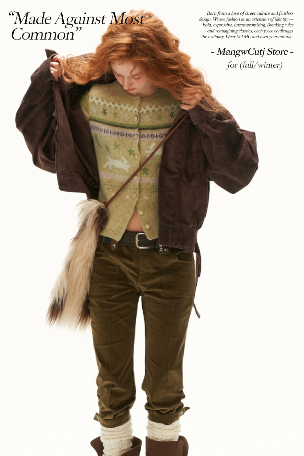 MAMC - Brown Faux-Horsehair Textured Cropped Jacket with Metal Snap Collar
