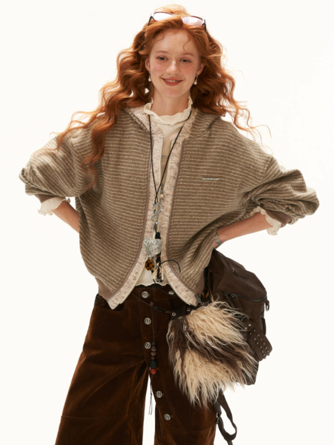 MAMC - Brown Faux-Layered Striped Hooded Knit Sweatshirt