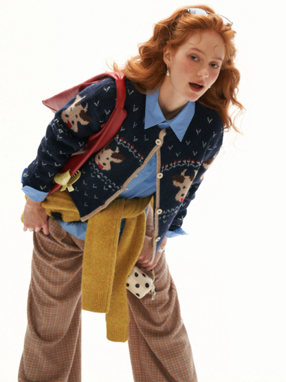MAMC - Blue Fair Isle Cow Jacquard Cropped Knit Cardigan