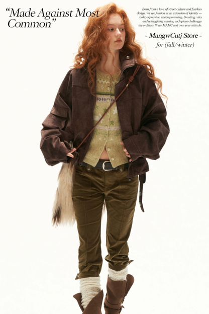 MAMC - Brown Faux-Horsehair Textured Cropped Jacket with Metal Snap Collar