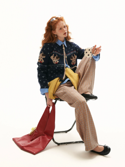 MAMC - Blue Fair Isle Cow Jacquard Cropped Knit Cardigan