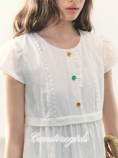 罐头粪便 - White Puff-Sleeve Dress + Forest Plaid Contrast Skirt