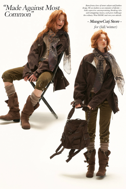 MAMC - Brown Faux Suede Utility Jacket with Adjustable Drawstring Waist