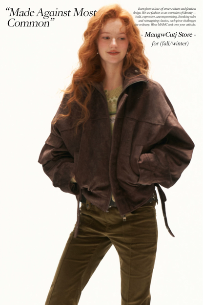 MAMC - Brown Faux-Horsehair Textured Cropped Jacket with Metal Snap Collar