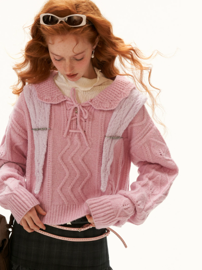 MAMC - Pink Cable Knit Sweater with Detachable Hooded Shoulder Cape