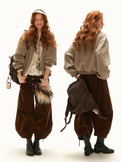 MAMC - Brown Faux-Layered Striped Hooded Knit Sweatshirt