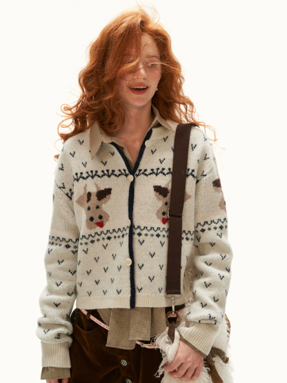 MAMC - White Fair Isle Cow Jacquard Cropped Knit Cardigan