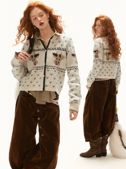 MAMC - White Fair Isle Cow Jacquard Cropped Knit Cardigan