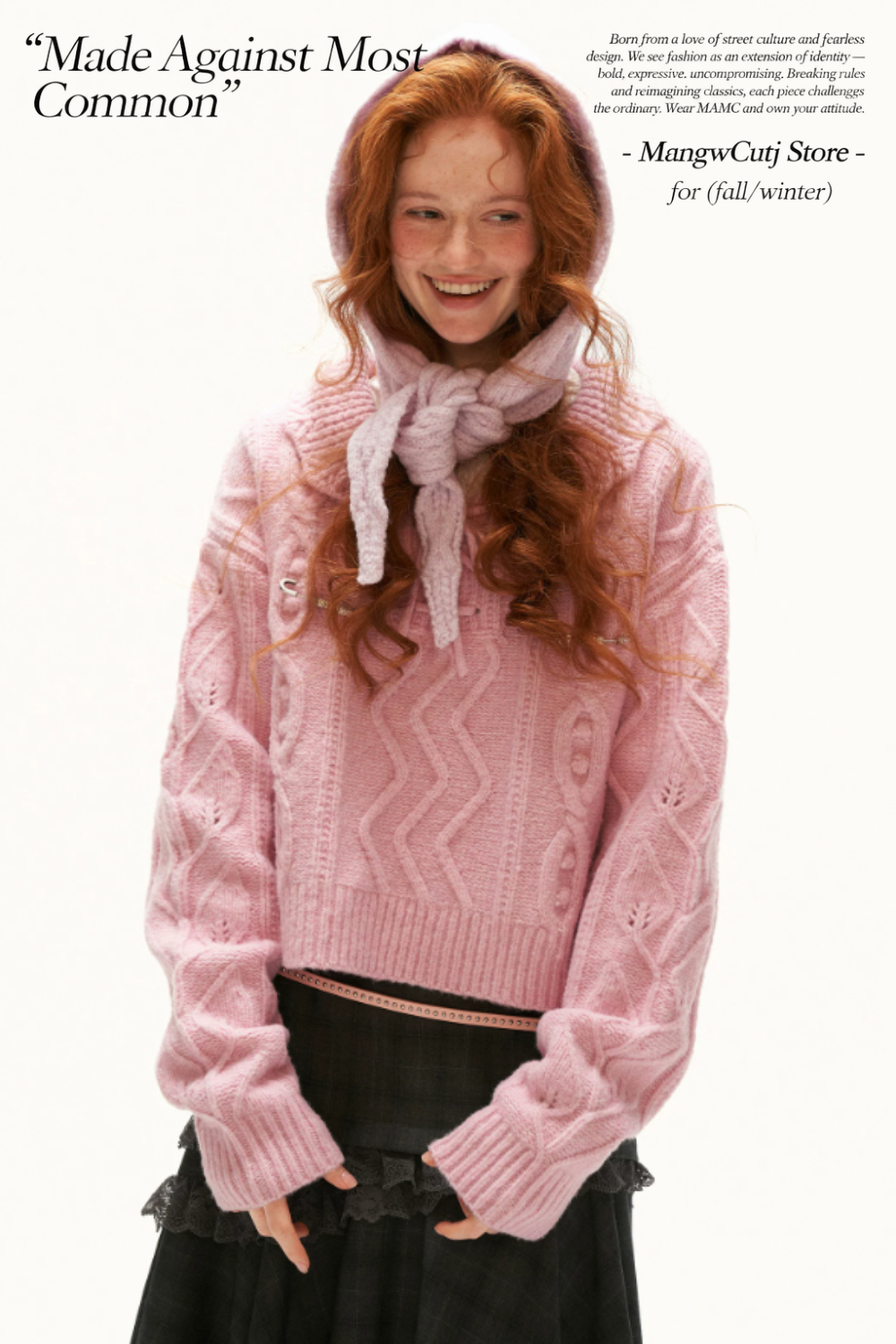 MAMC - Pink Cable Knit Sweater with Detachable Hooded Shoulder Cape