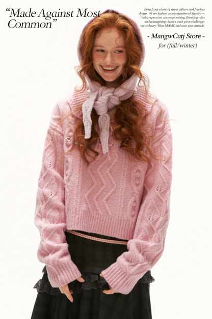 MAMC - Pink Cable Knit Sweater with Detachable Hooded Shoulder Cape