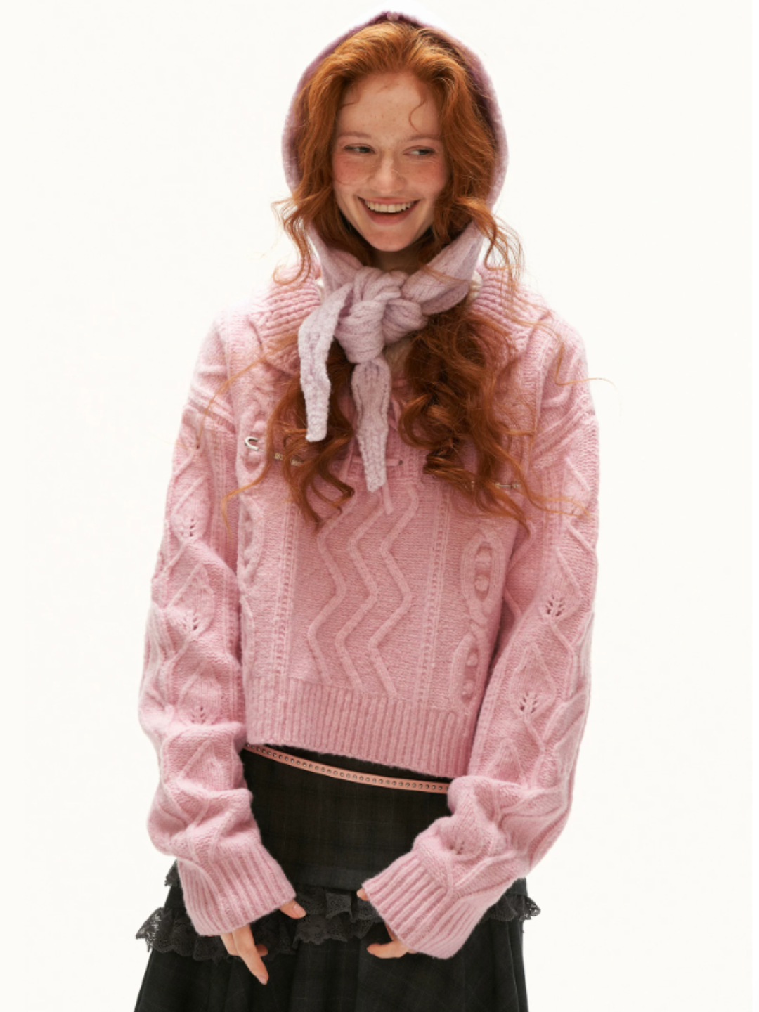 MAMC - Pink Cable Knit Sweater with Detachable Hooded Shoulder Cape