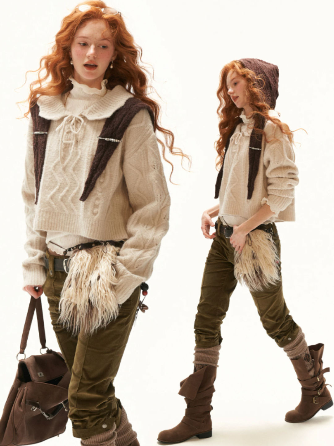 MAMC - Ivory Cable Knit Sweater with Detachable Hooded Shoulder Cape