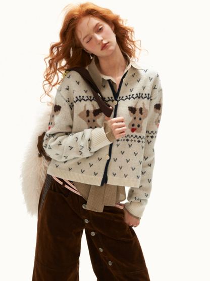 MAMC - White Fair Isle Cow Jacquard Cropped Knit Cardigan