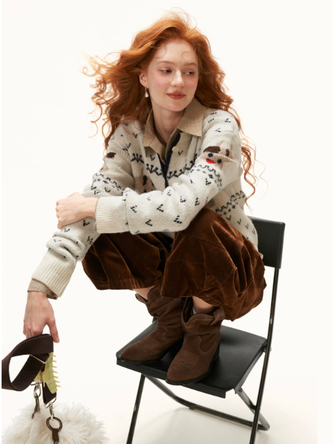 MAMC - White Fair Isle Cow Jacquard Cropped Knit Cardigan