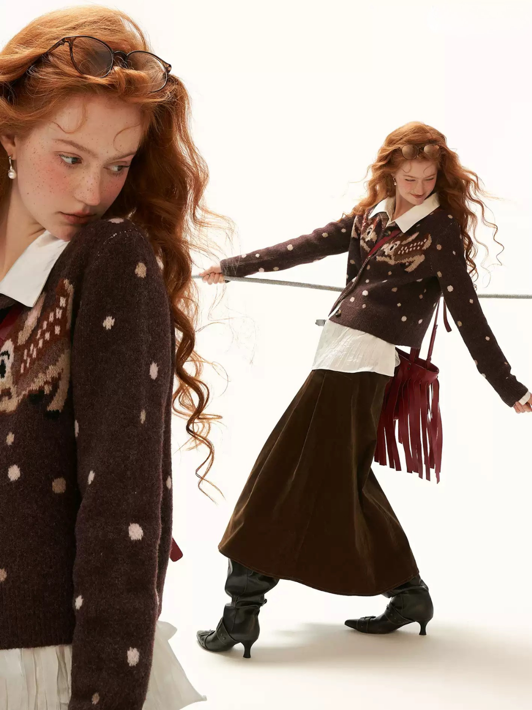 MAMC - Brown Deer Jacquard Cropped Knit Cardigan