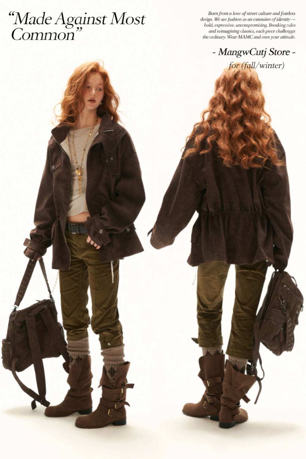 MAMC - Brown Faux Suede Utility Jacket with Adjustable Drawstring Waist