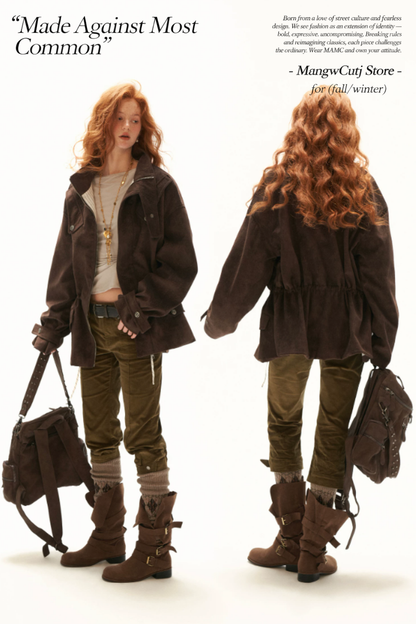 MAMC - Brown Faux Suede Utility Jacket with Adjustable Drawstring Waist