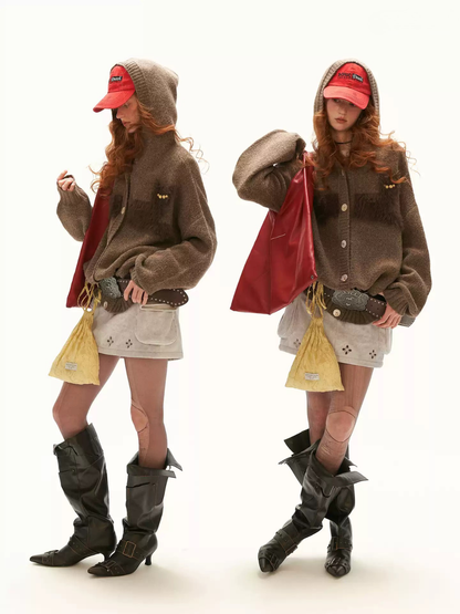 MAMC - Vintage Brown Cat Silhouette Hooded Knit Cardigan