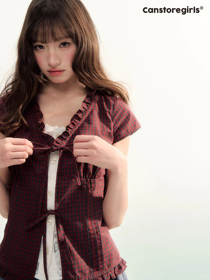 Red Plaid Lace Trim Tie-Front Blouse WW2026086