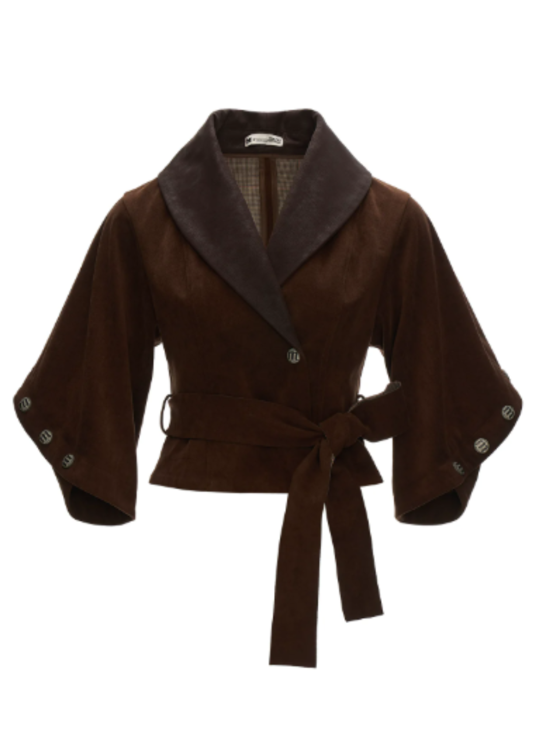 MAMC - Brown Faux Suede Cropped Jacket with Leather-Look Lapels and Belt