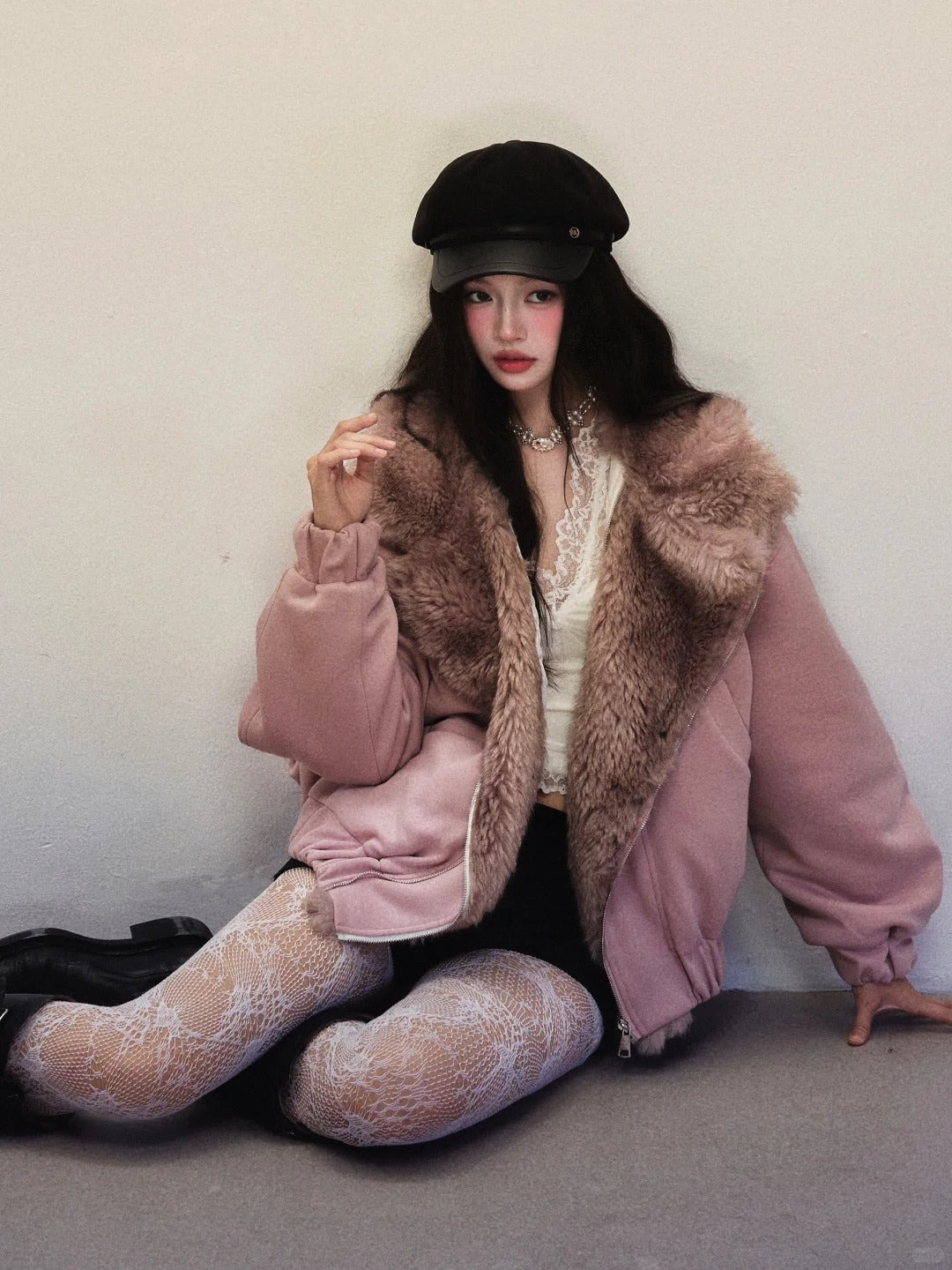 1P - Dusty Pink Faux-Fur Collar Padded Jacket