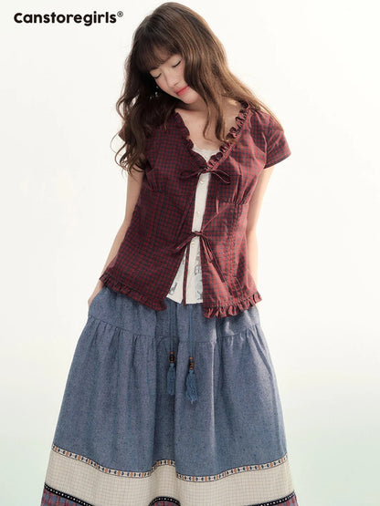 Red Plaid Lace Trim Tie-Front Blouse WW2026086
