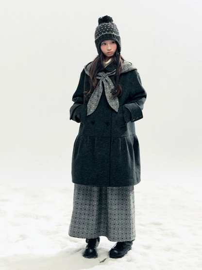Horridale - "Snowfall Polka" Charcoal Polka Dot Wool-Blend Midi Skirt