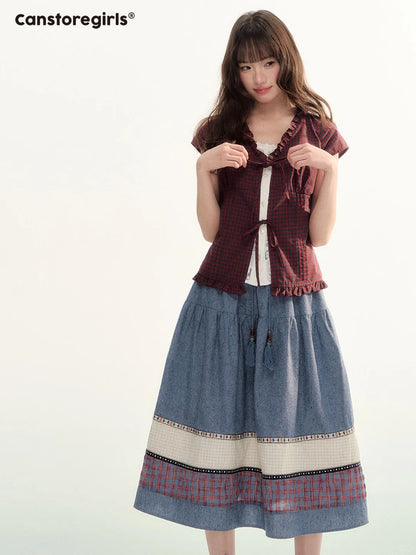 Red Plaid Lace Trim Tie-Front Blouse WW2026086