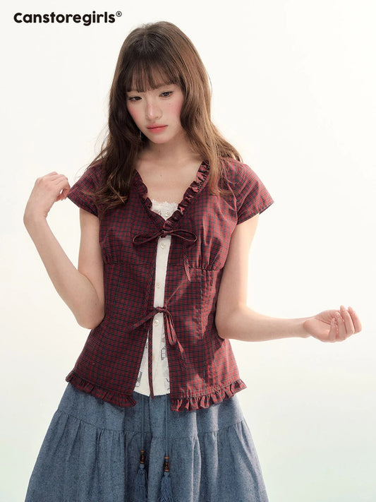 Red Plaid Lace Trim Tie-Front Blouse WW2026086