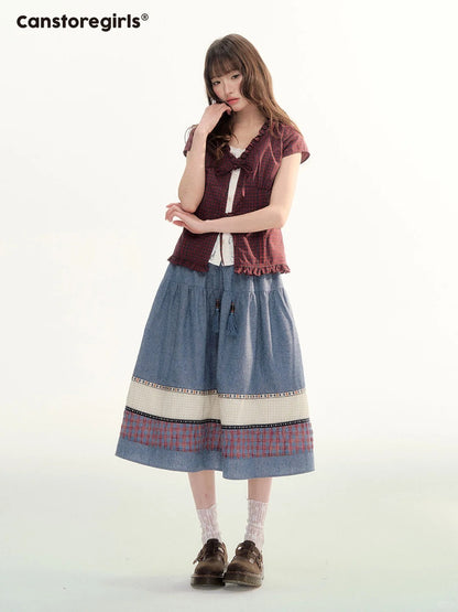 Red Plaid Lace Trim Tie-Front Blouse WW2026086