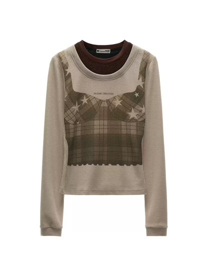 MAMC - Star Plaid Faux-Layer Fitted Knit Top – Light Khaki