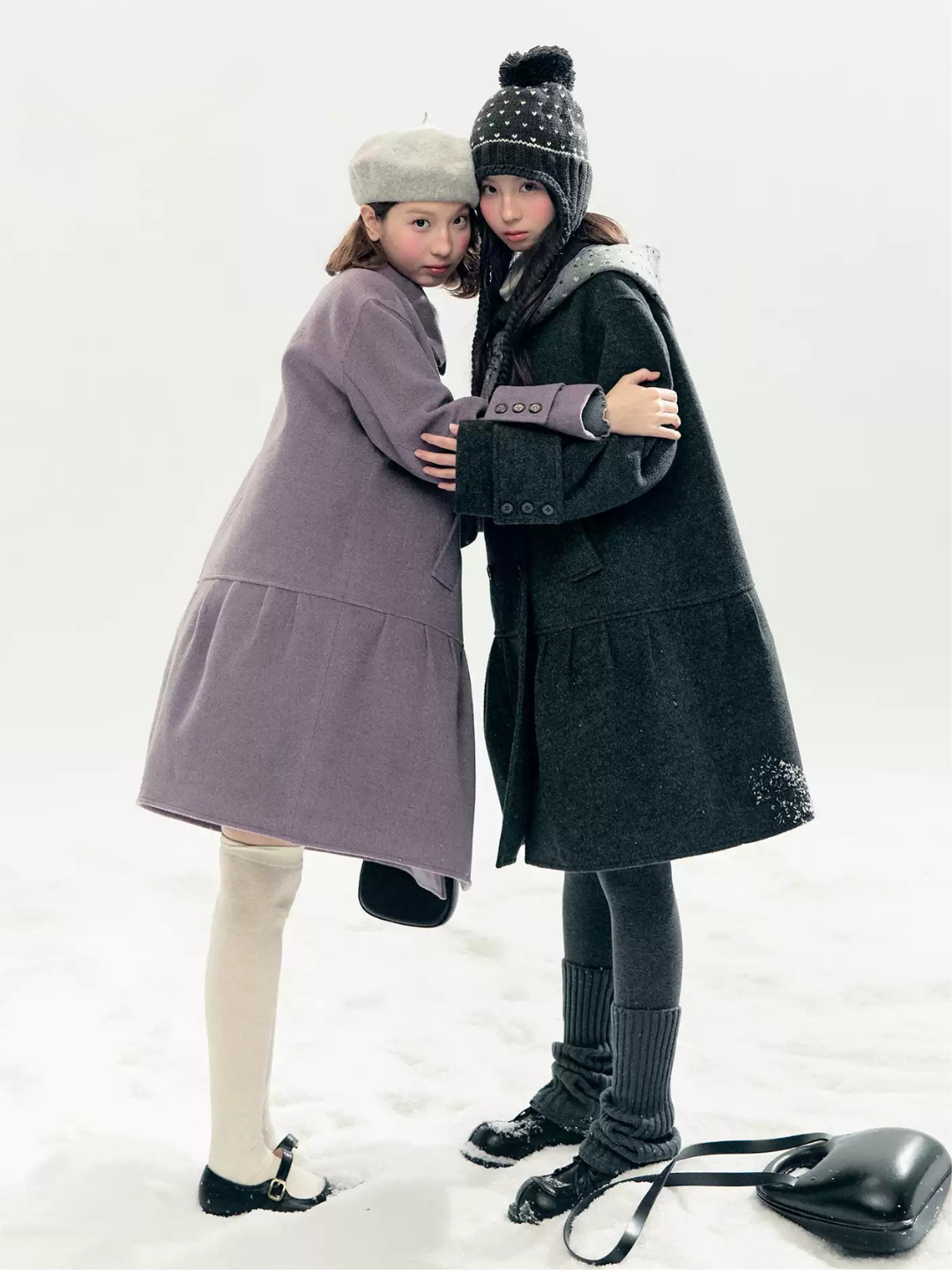 Horridale - "Winter Chime" Double-Breasted Quilted Wool-Blend Coat (Smoky Purple/ Ash Gray)