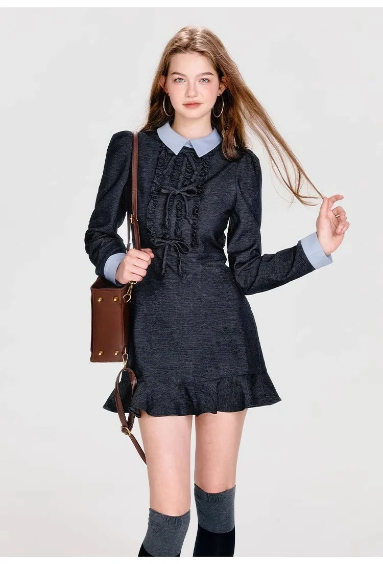Contrast Color Shirt Collar Dress