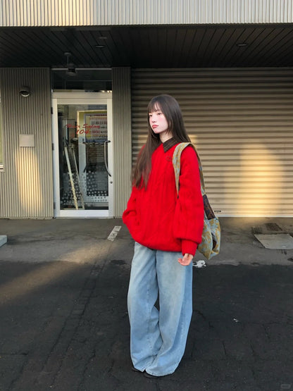 Zzouu - Plain Knitted Sweater - Red and White