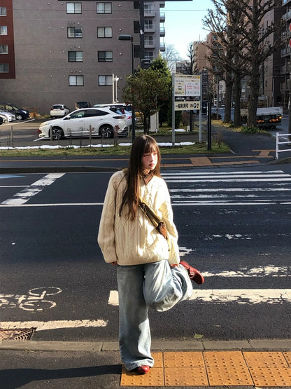 Zzouu - Plain Knitted Sweater - Red and White